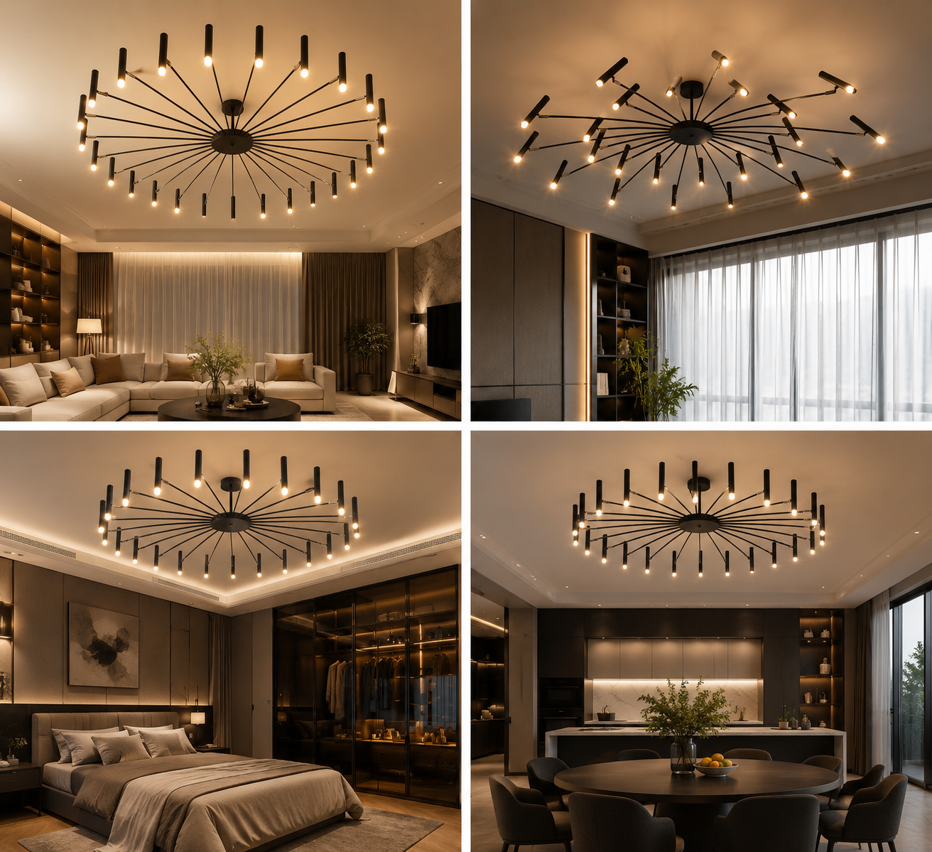 Modern Multi-Head Pendant Chandelier in Black & Gold
