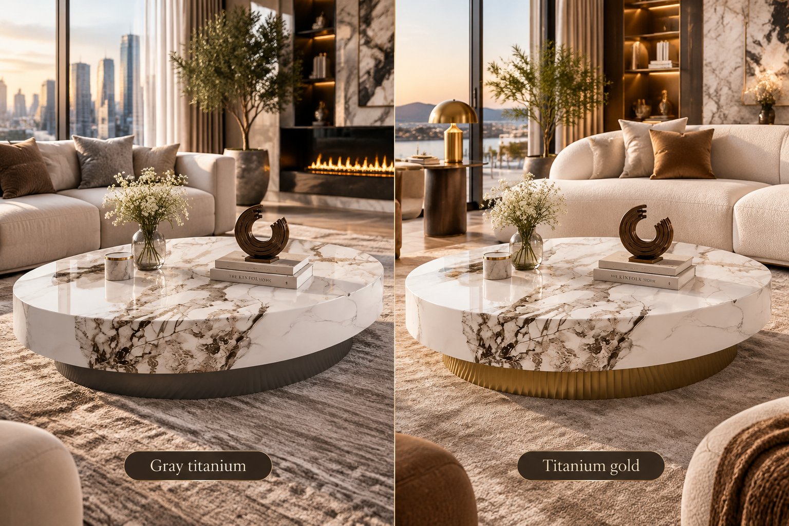 Luxury Beige Oval Marble-Style Coffee Table