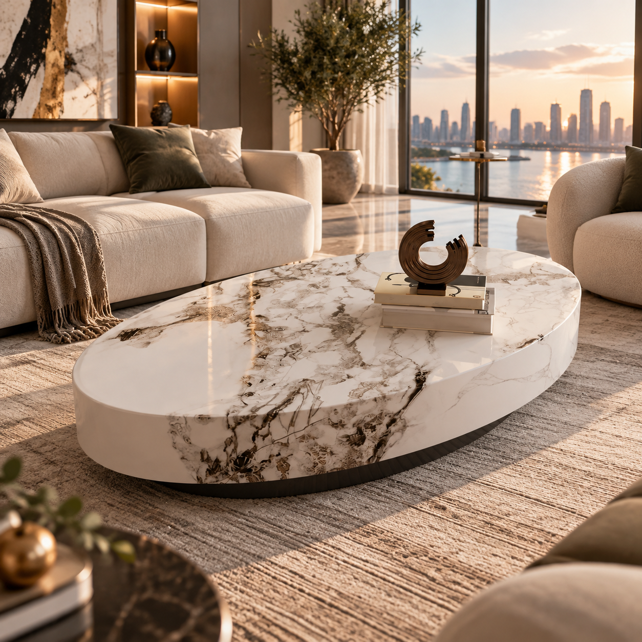 Luxury Beige Oval Marble-Style Coffee Table