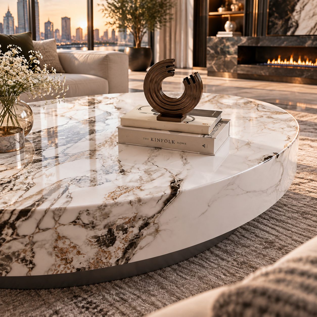 Luxury Beige Oval Marble-Style Coffee Table