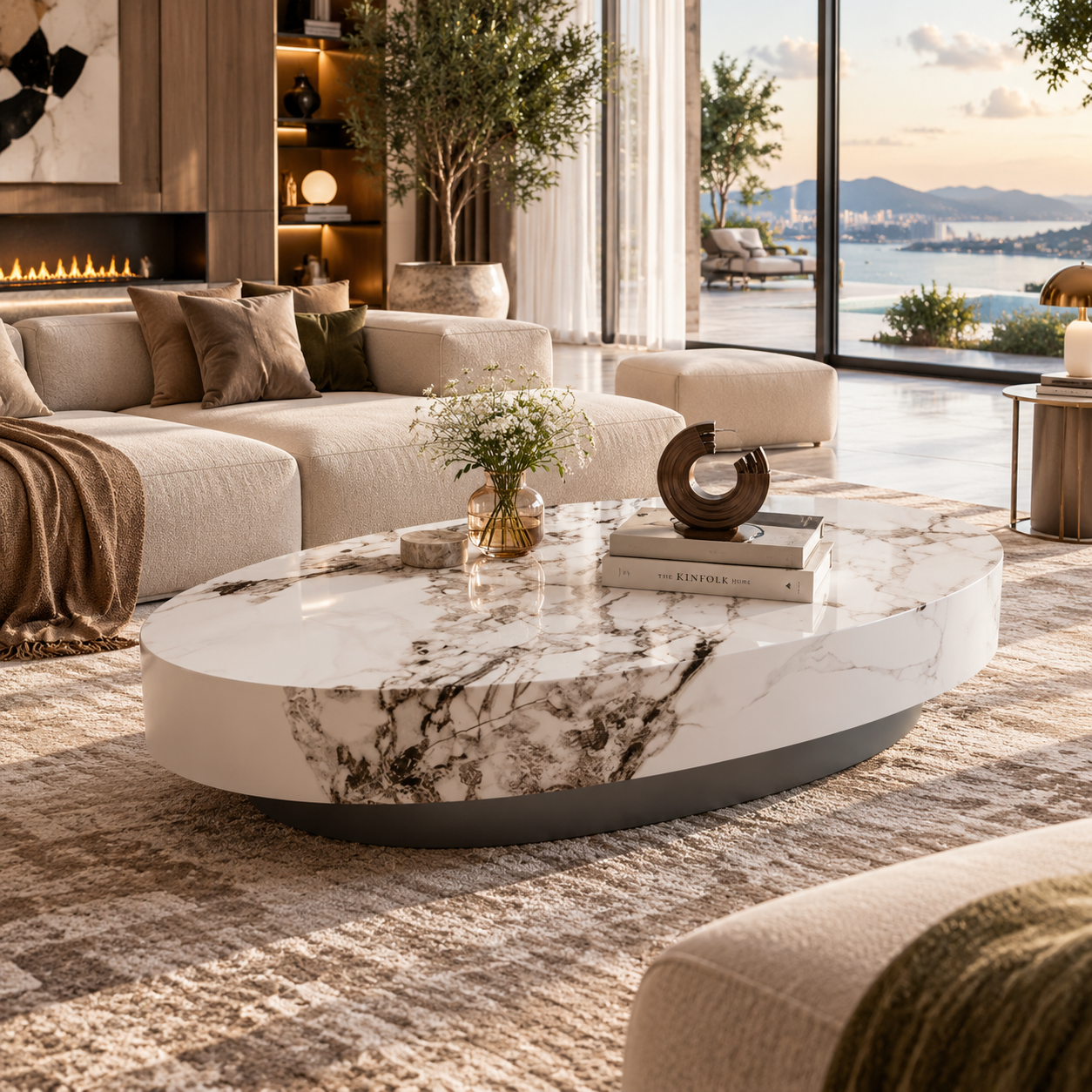 Luxury Beige Oval Marble-Style Coffee Table