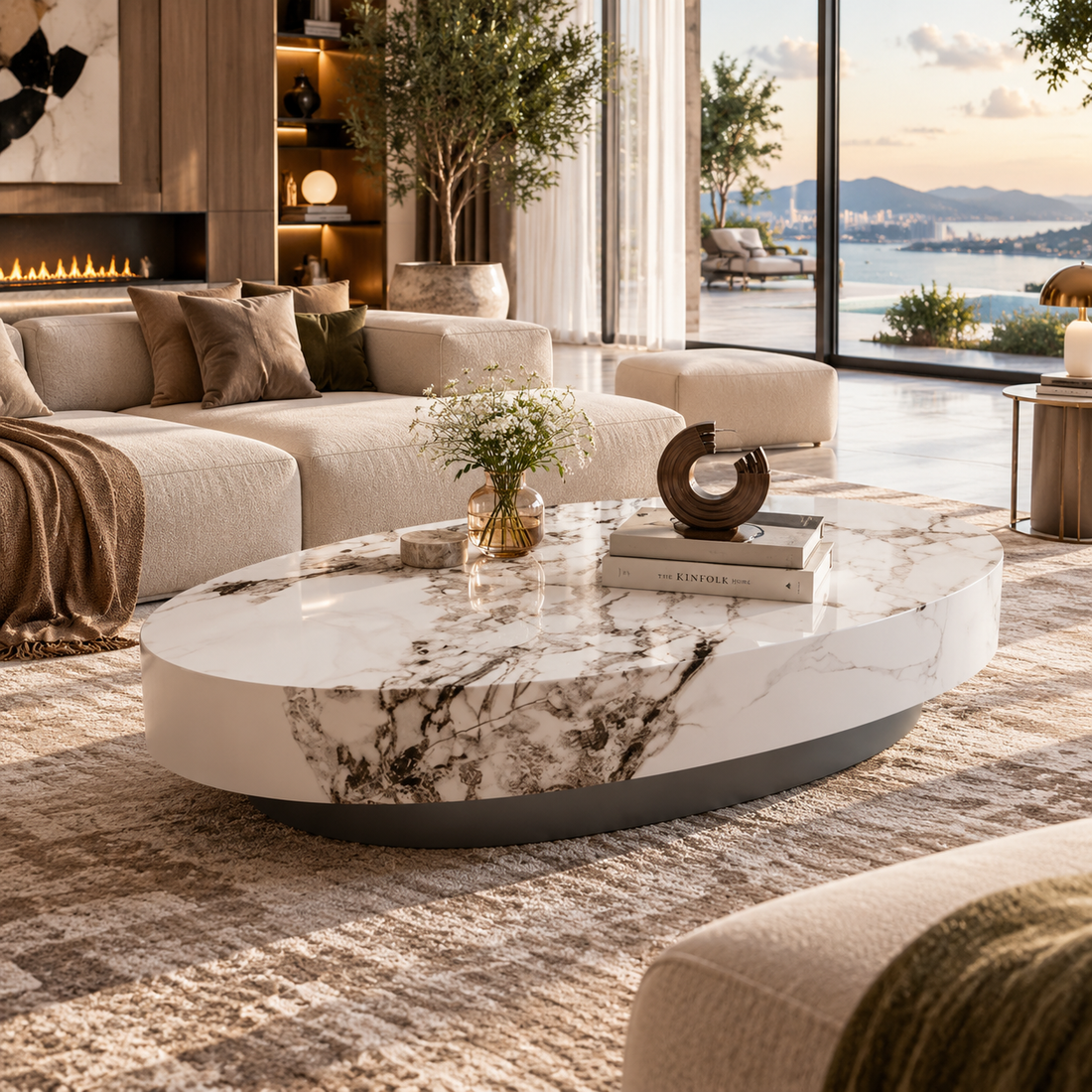 Luxury Beige Oval Marble-Style Coffee Table