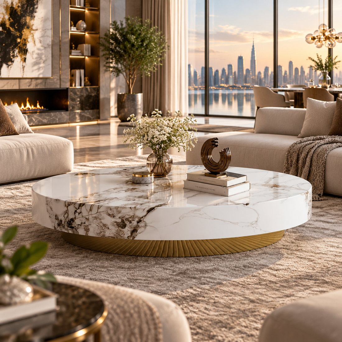 Luxury Beige Oval Marble-Style Coffee Table