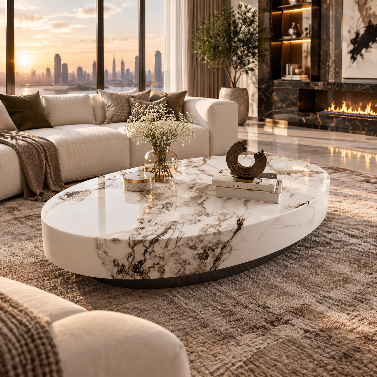 Luxury Beige Oval Marble-Style Coffee Table