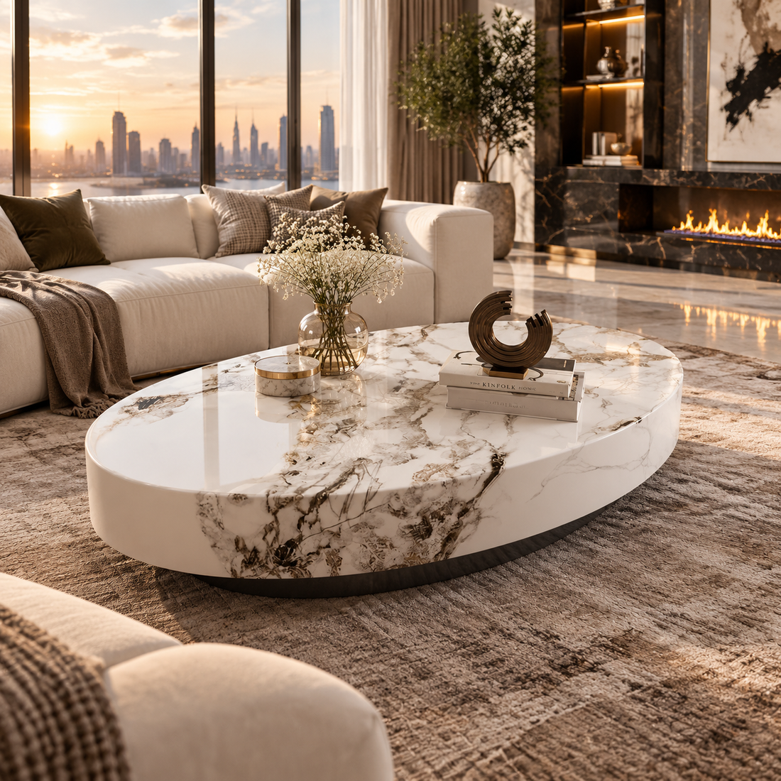 Luxury Beige Oval Marble-Style Coffee Table