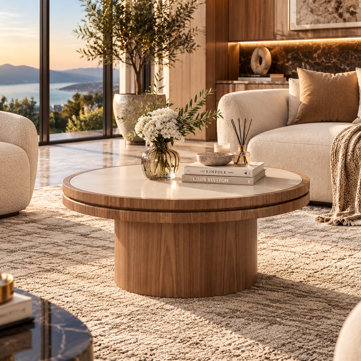 Round Travertine-Style Pedestal Coffee Table
