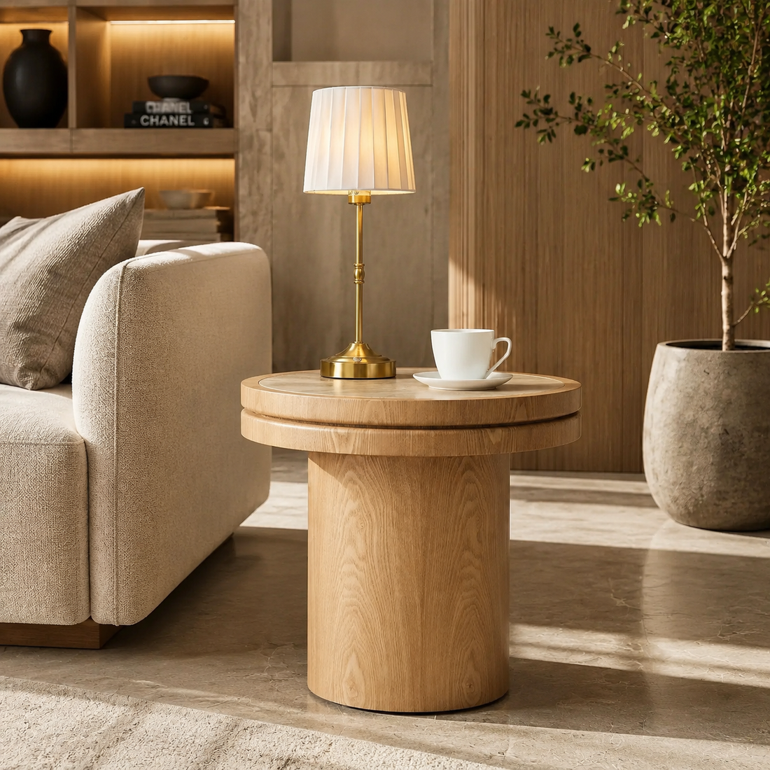 Round Travertine-Style Pedestal Coffee Table