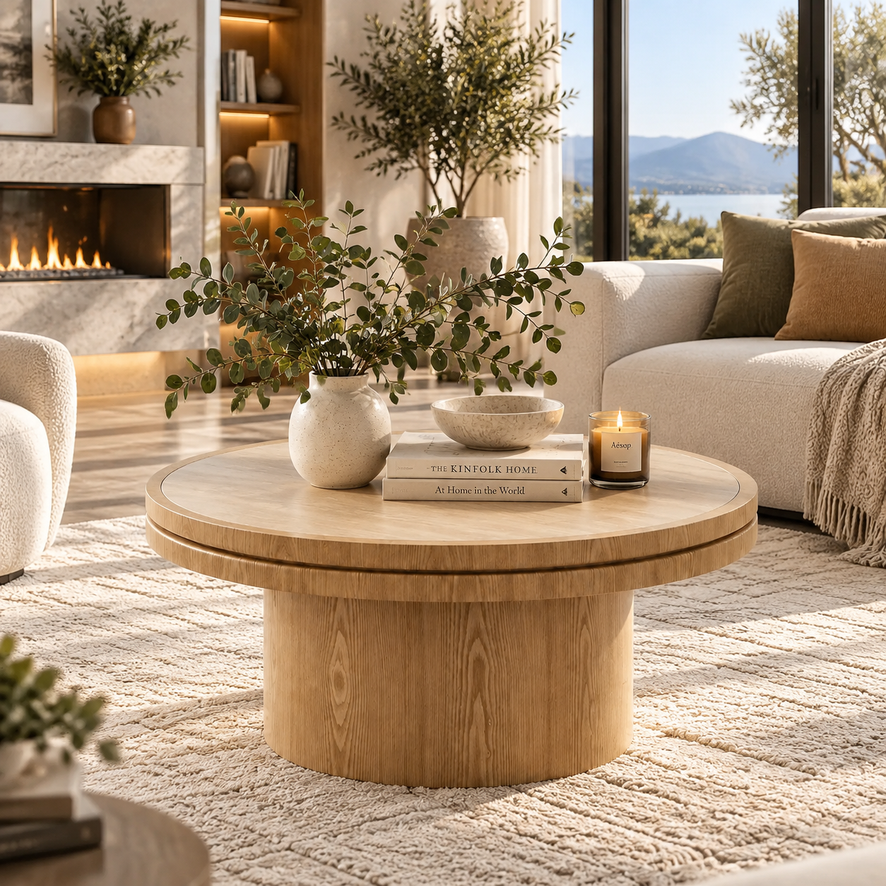 Round Travertine-Style Pedestal Coffee Table