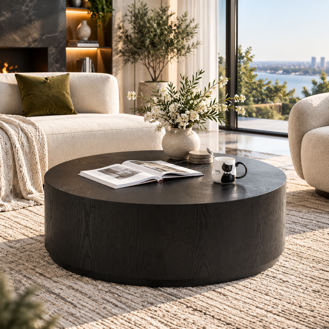 Round Travertine-Style Pedestal Coffee Table