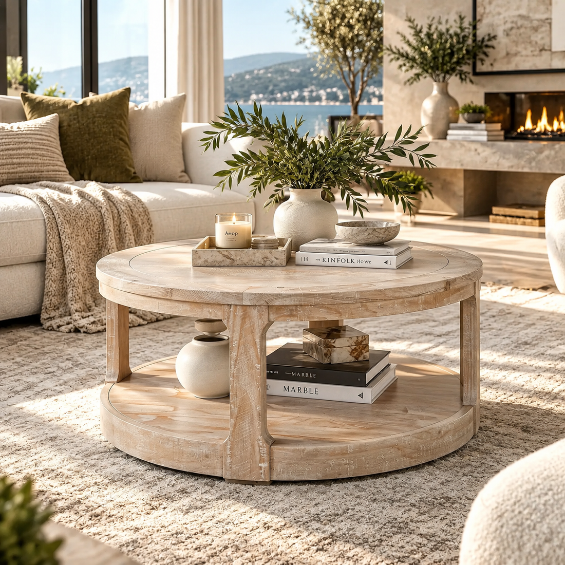 Round Travertine-Style Pedestal Coffee Table