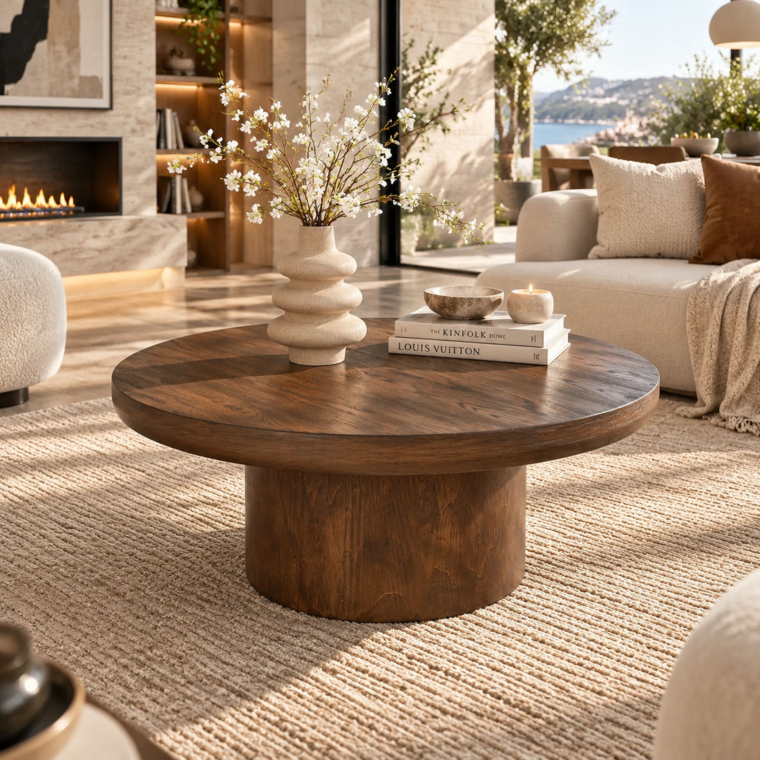 Round Travertine-Style Pedestal Coffee Table