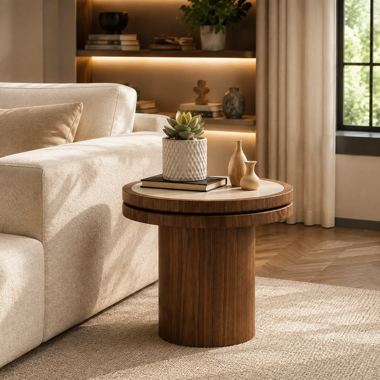 Round Travertine-Style Pedestal Coffee Table