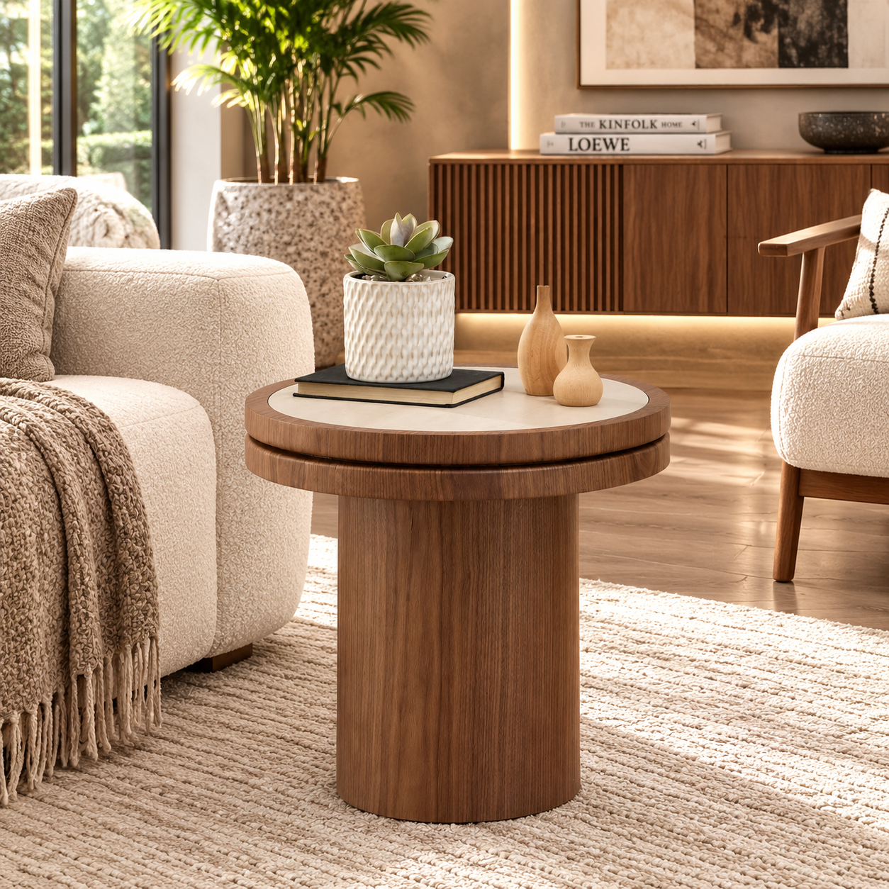 Round Travertine-Style Pedestal Coffee Table