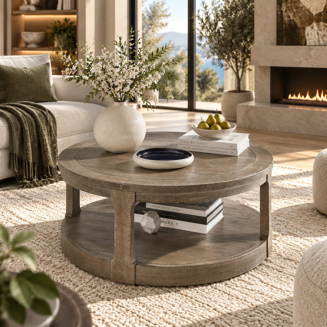 Round Travertine-Style Pedestal Coffee Table