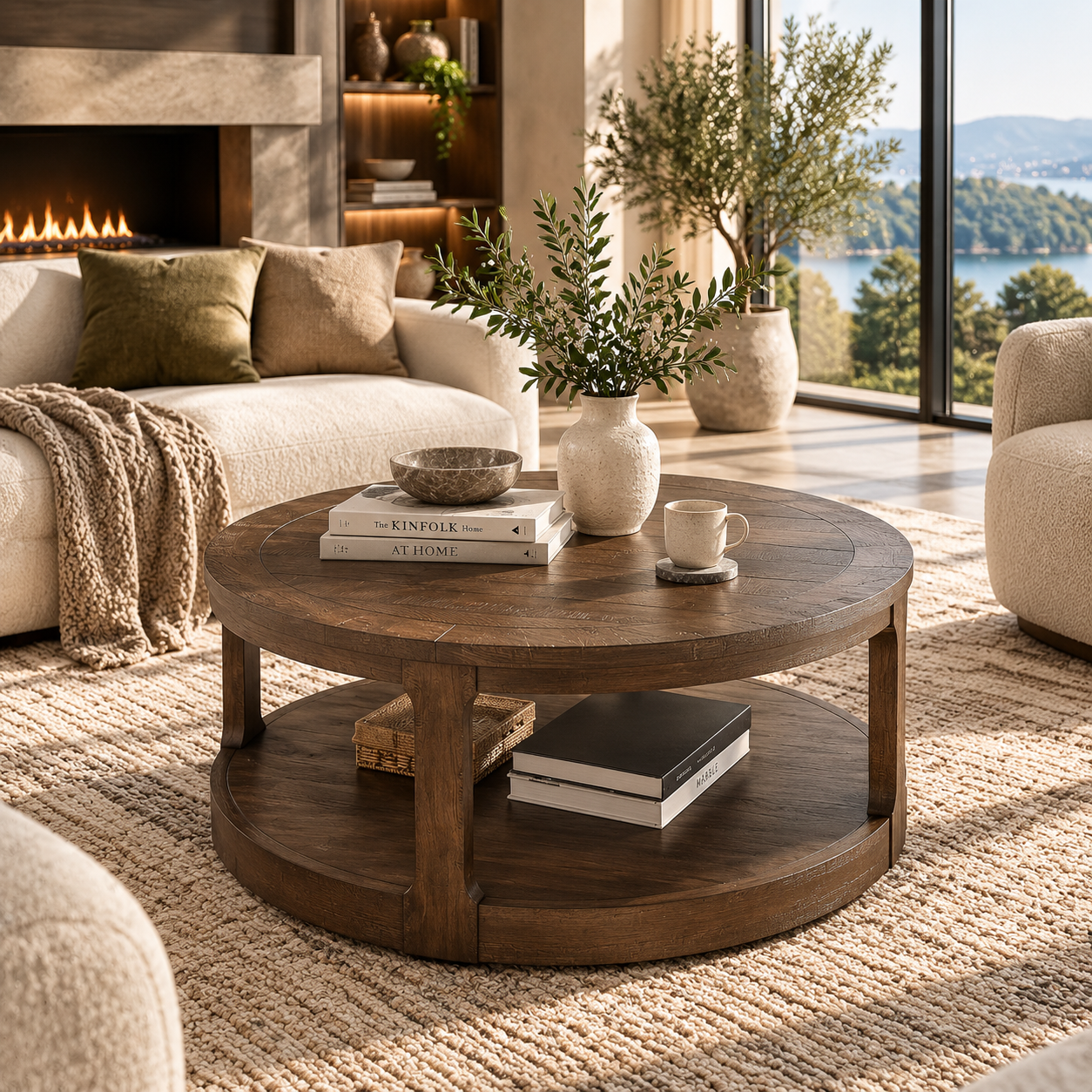 Round Travertine-Style Pedestal Coffee Table
