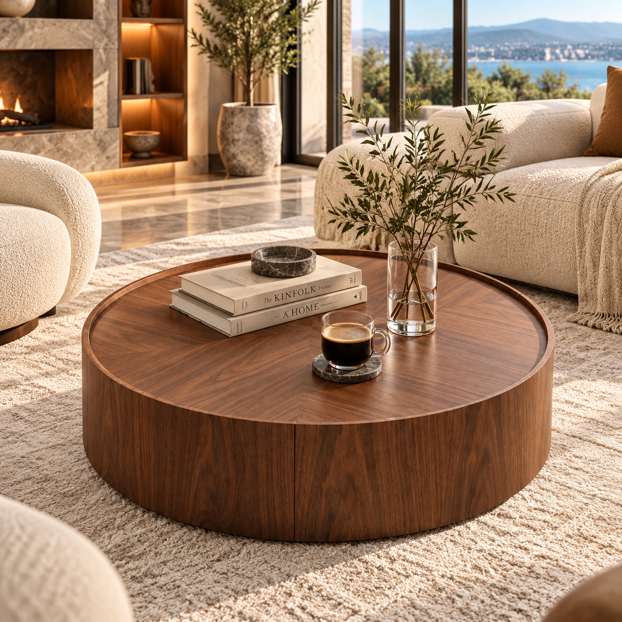 Round Travertine-Style Pedestal Coffee Table