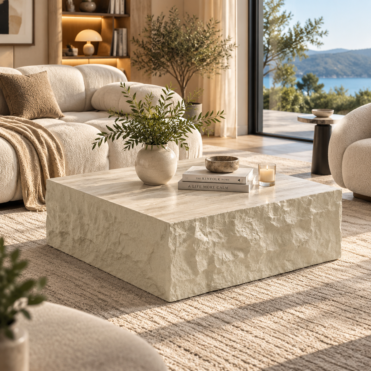 Round Travertine-Style Pedestal Coffee Table