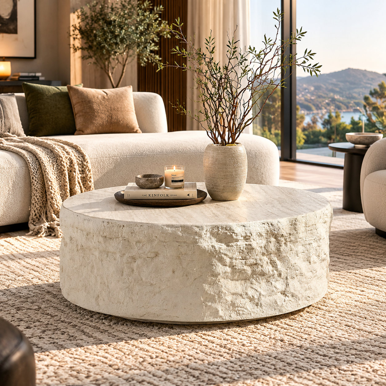 Round Travertine-Style Pedestal Coffee Table