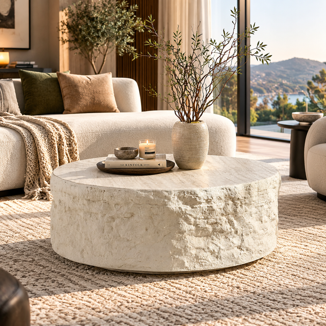 Round Travertine-Style Pedestal Coffee Table
