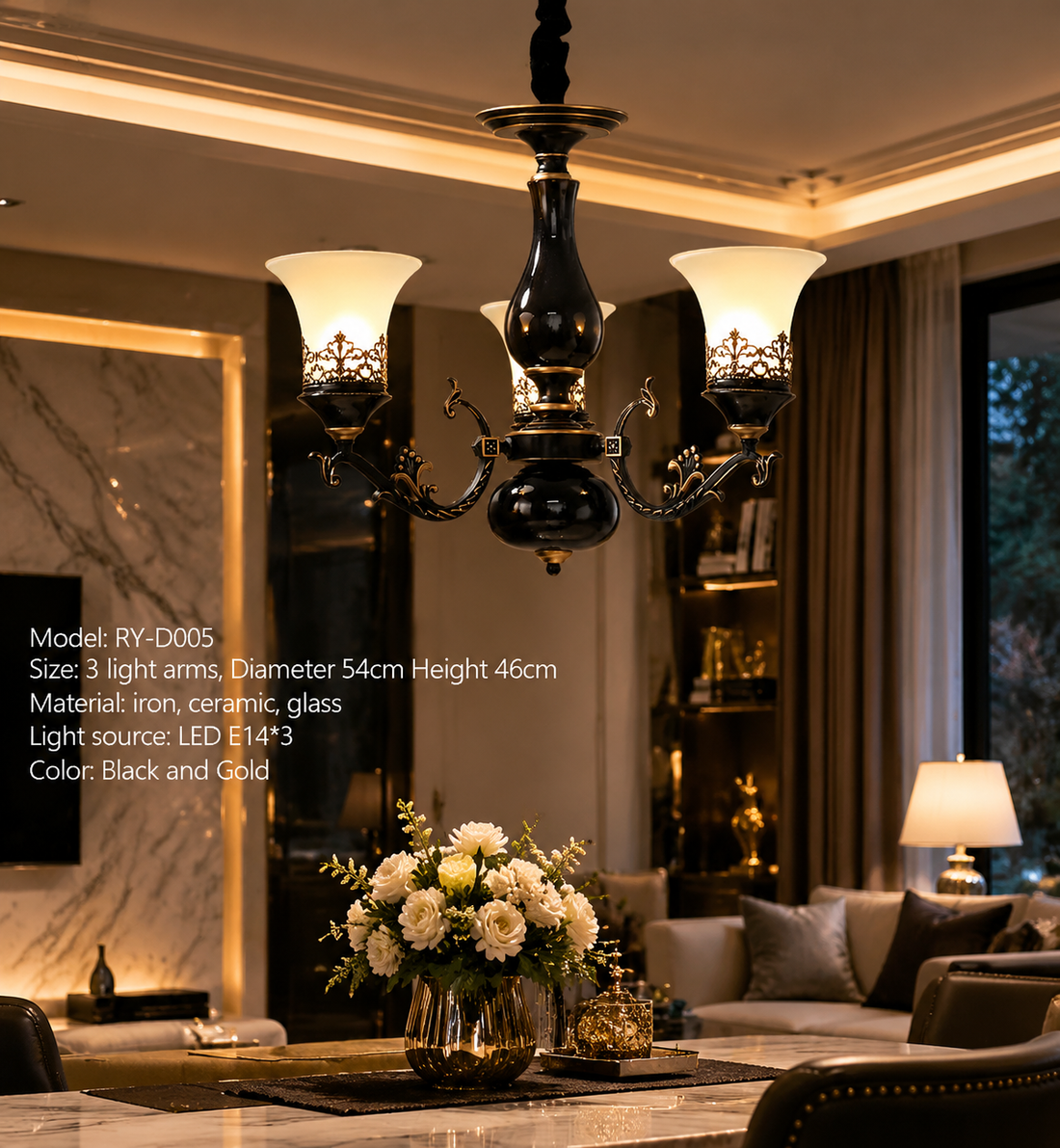French Retro LED Chandelier – Ceramic Shade, 3/5/6/8 Arms