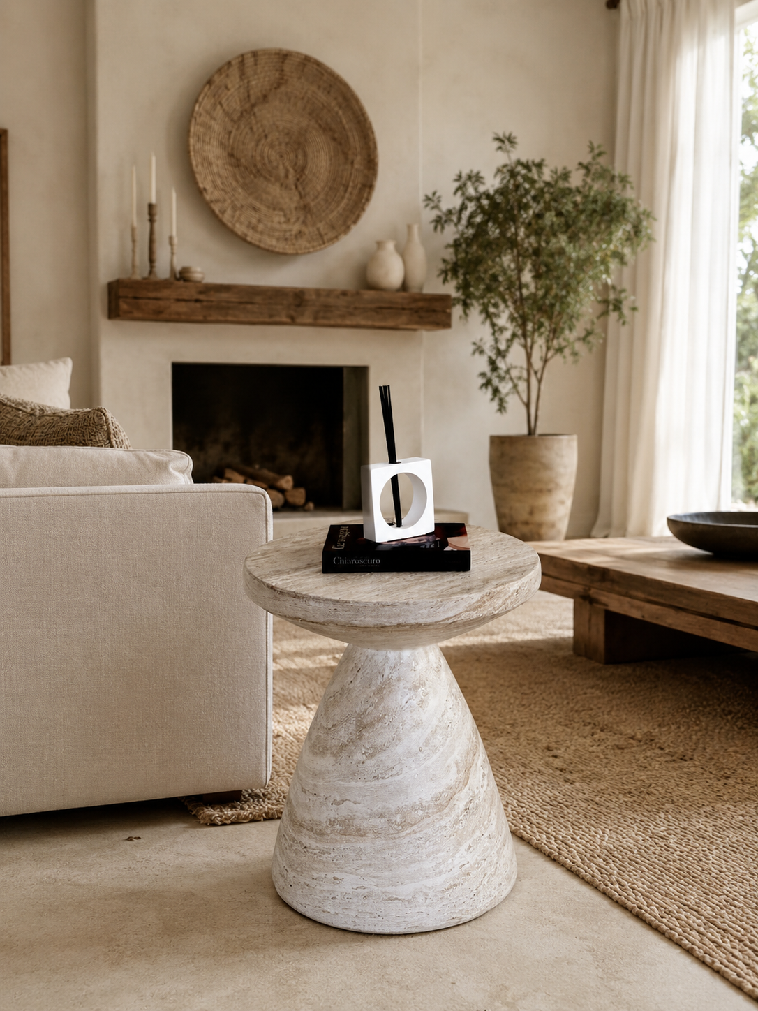 Modern Travertine-Style Round Side Table