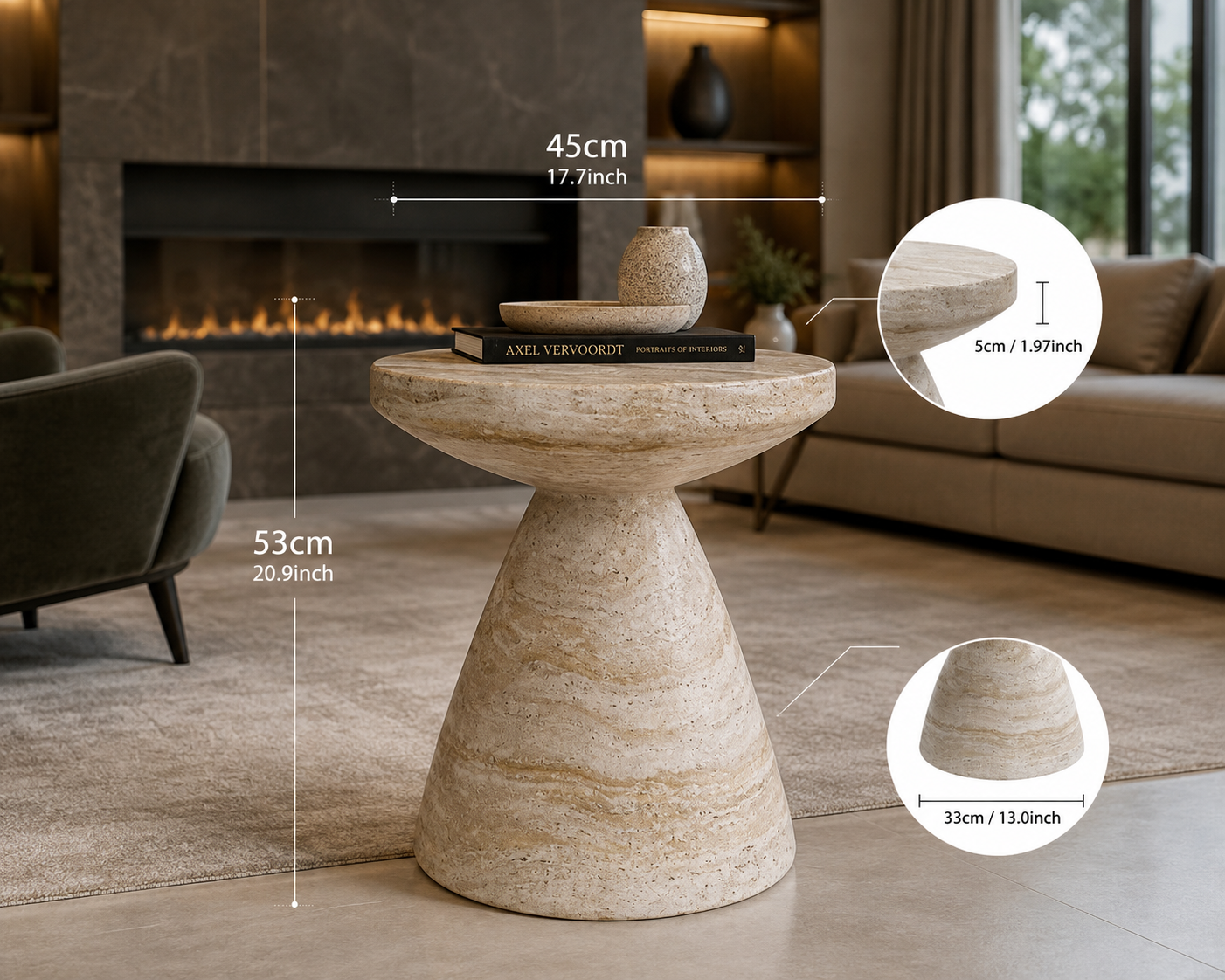 Modern Travertine-Style Round Side Table