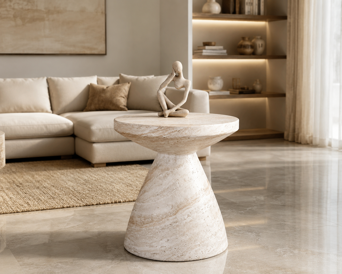 Modern Travertine-Style Round Side Table