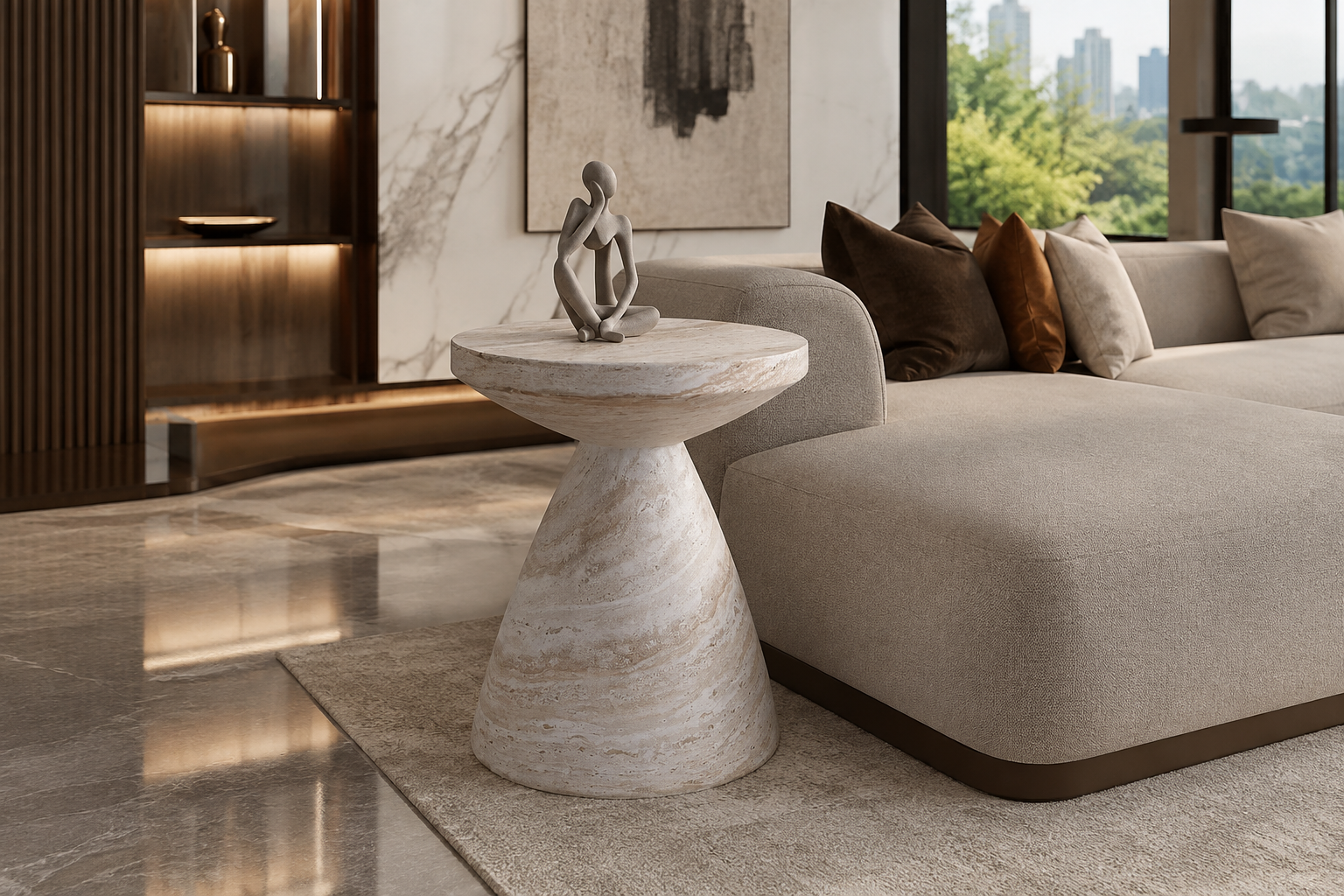 Modern Travertine-Style Round Side Table