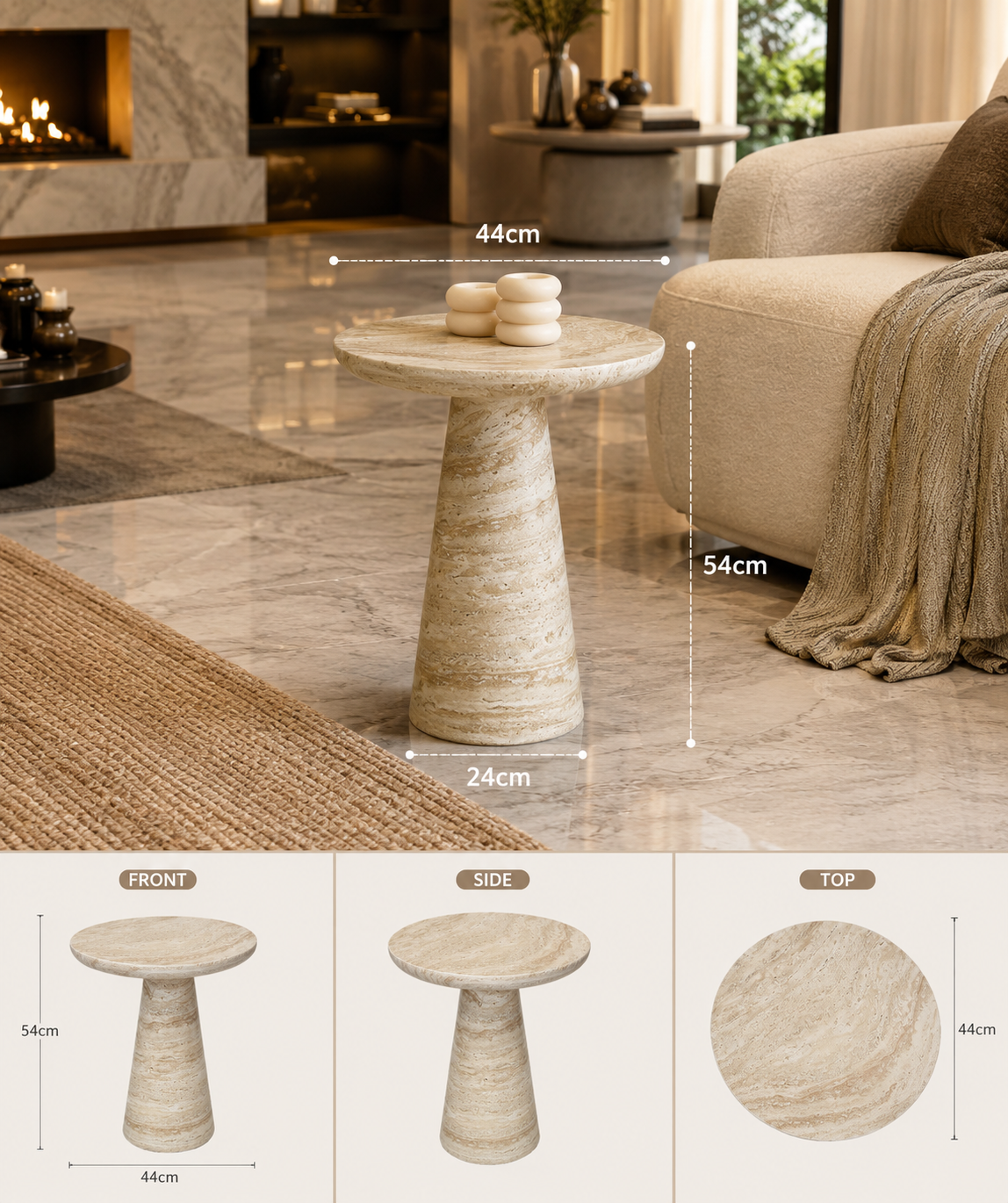 Modern Round Travertine-Style Accent Table
