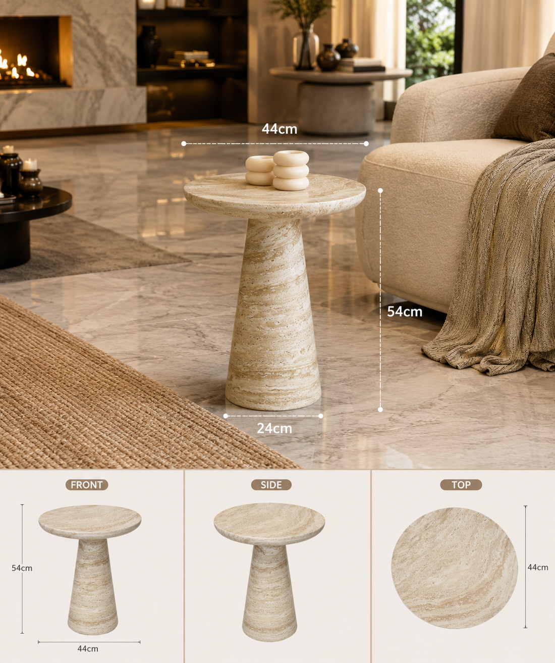 Modern Round Travertine-Style Accent Table