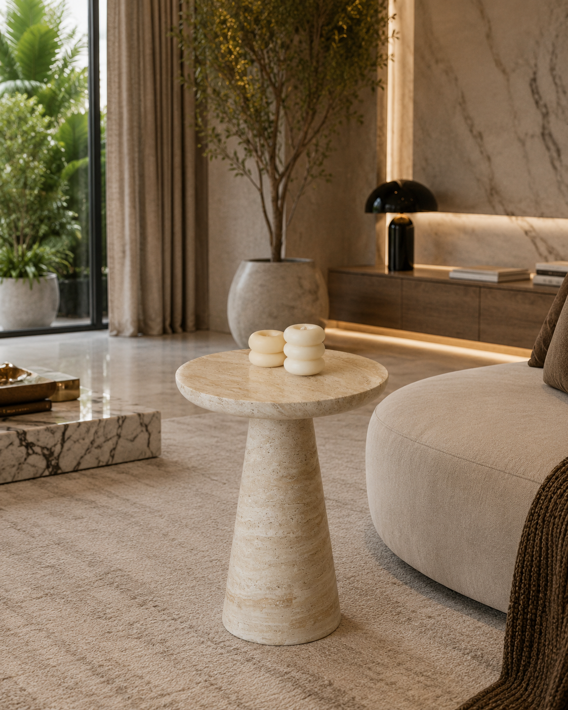 Modern Round Travertine-Style Accent Table