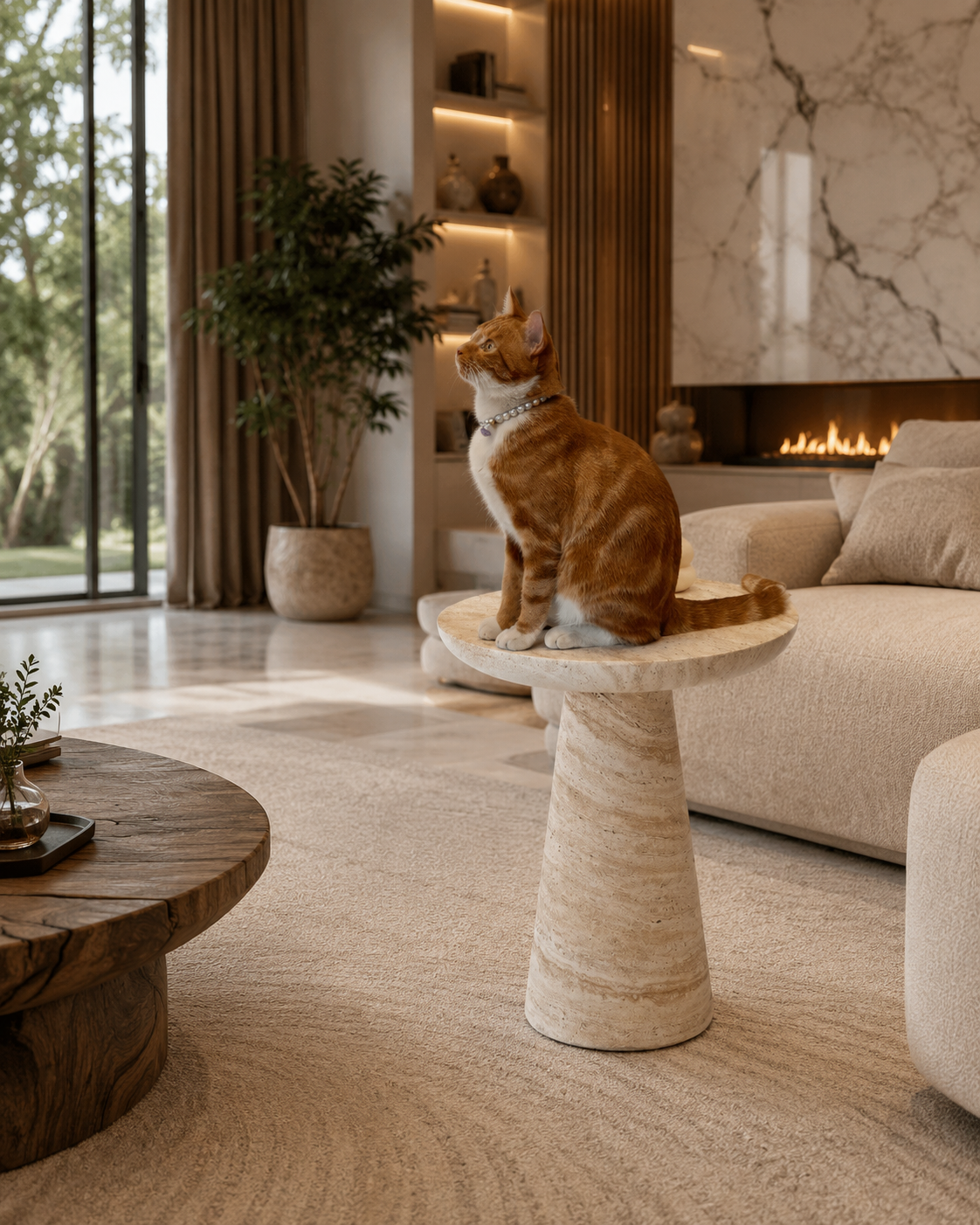 Modern Round Travertine-Style Accent Table