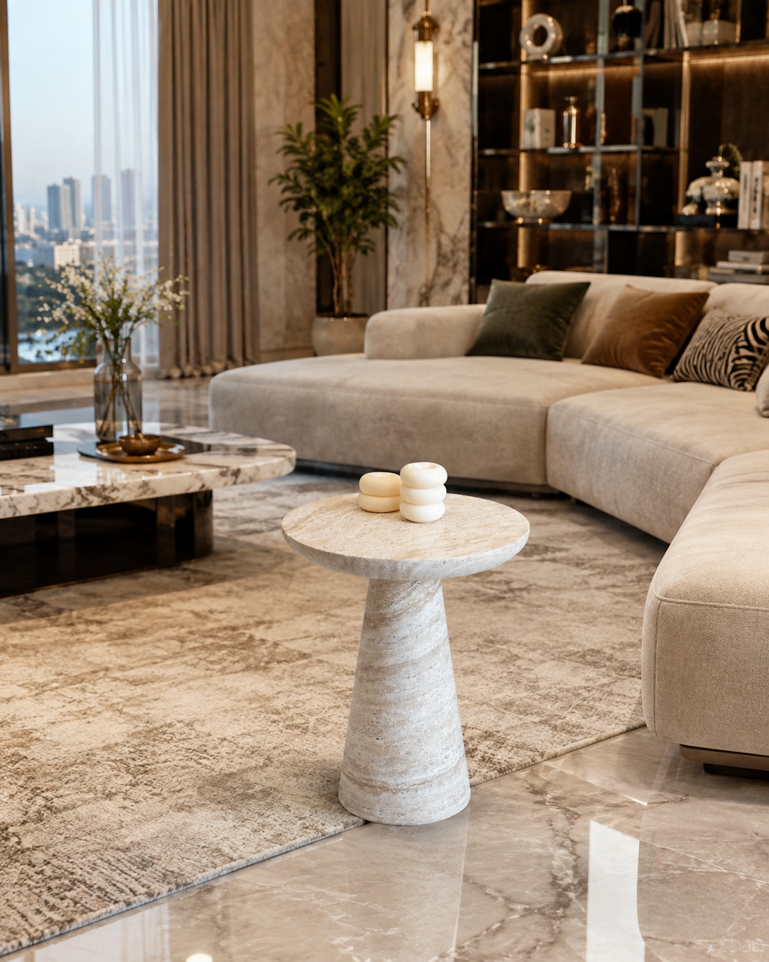 Modern Round Travertine-Style Accent Table