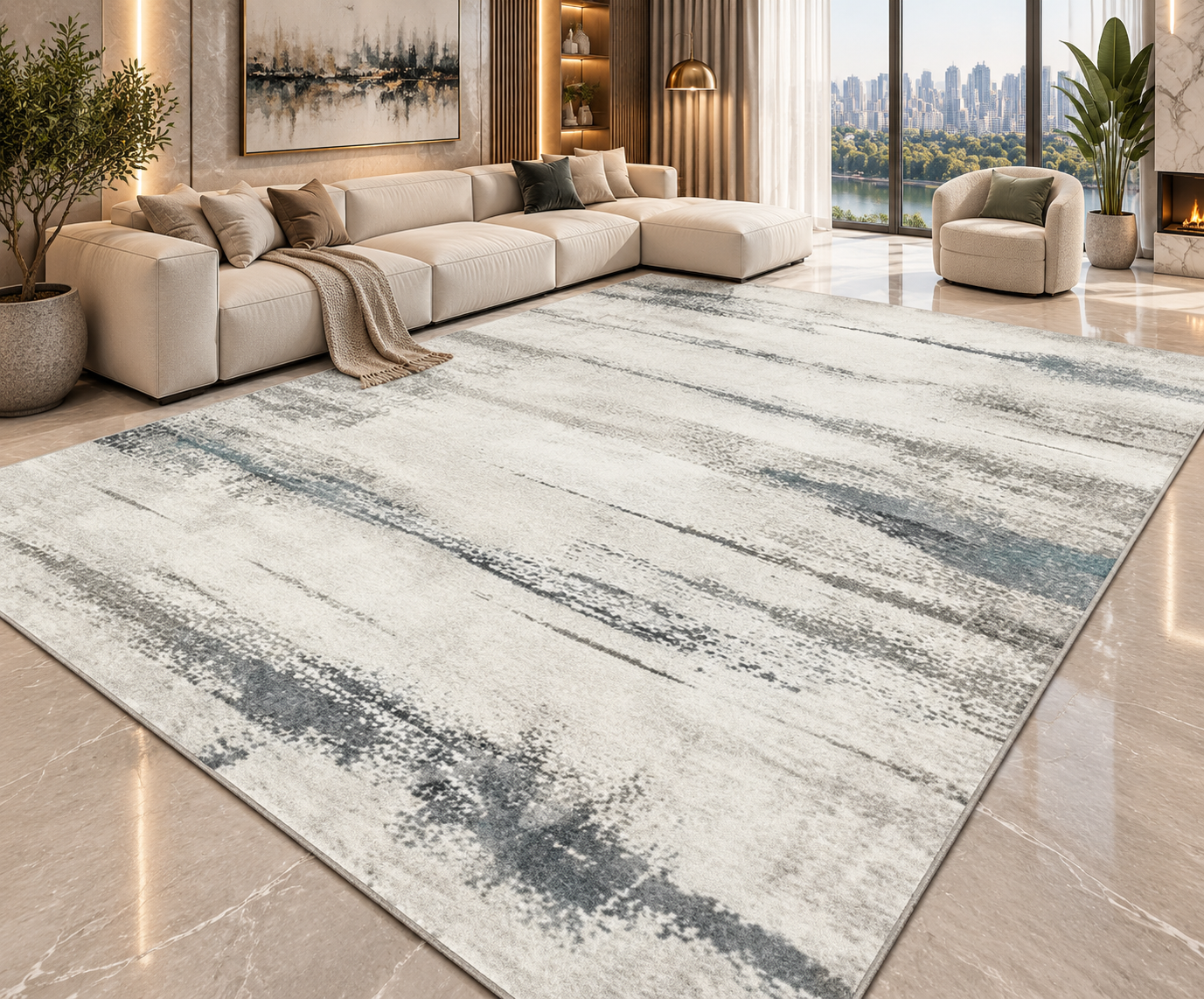 Modern Abstract Area Rug | Striped Wilton Carpet for Living Room, Bedroom & More