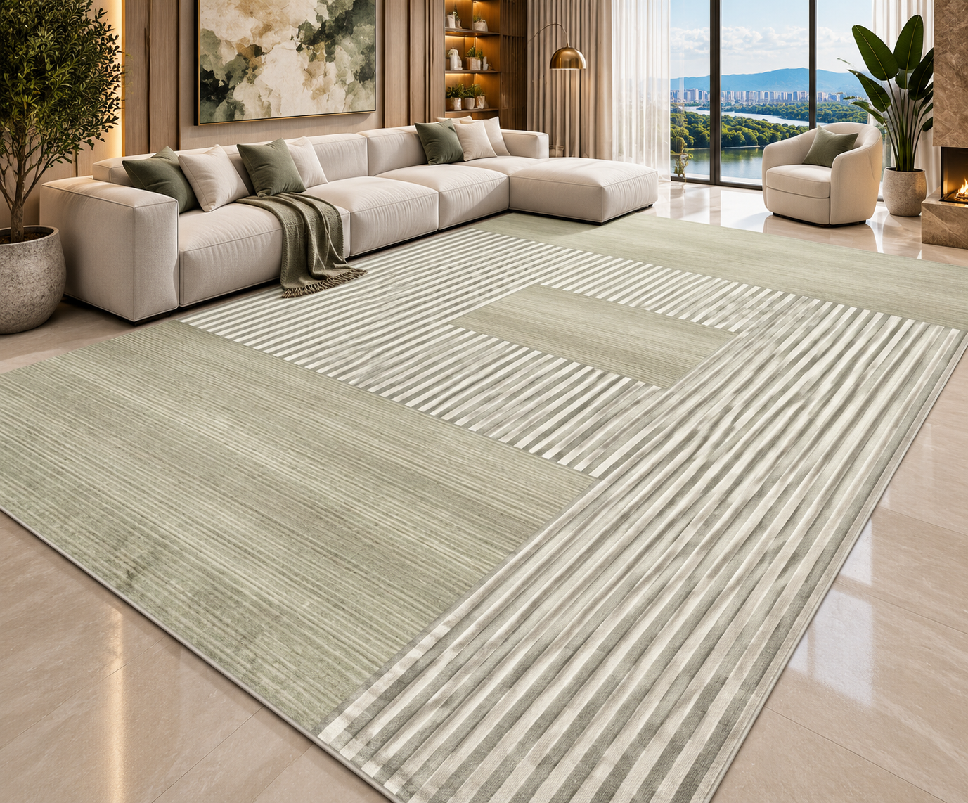 Modern Abstract Area Rug | Striped Wilton Carpet for Living Room, Bedroom & More