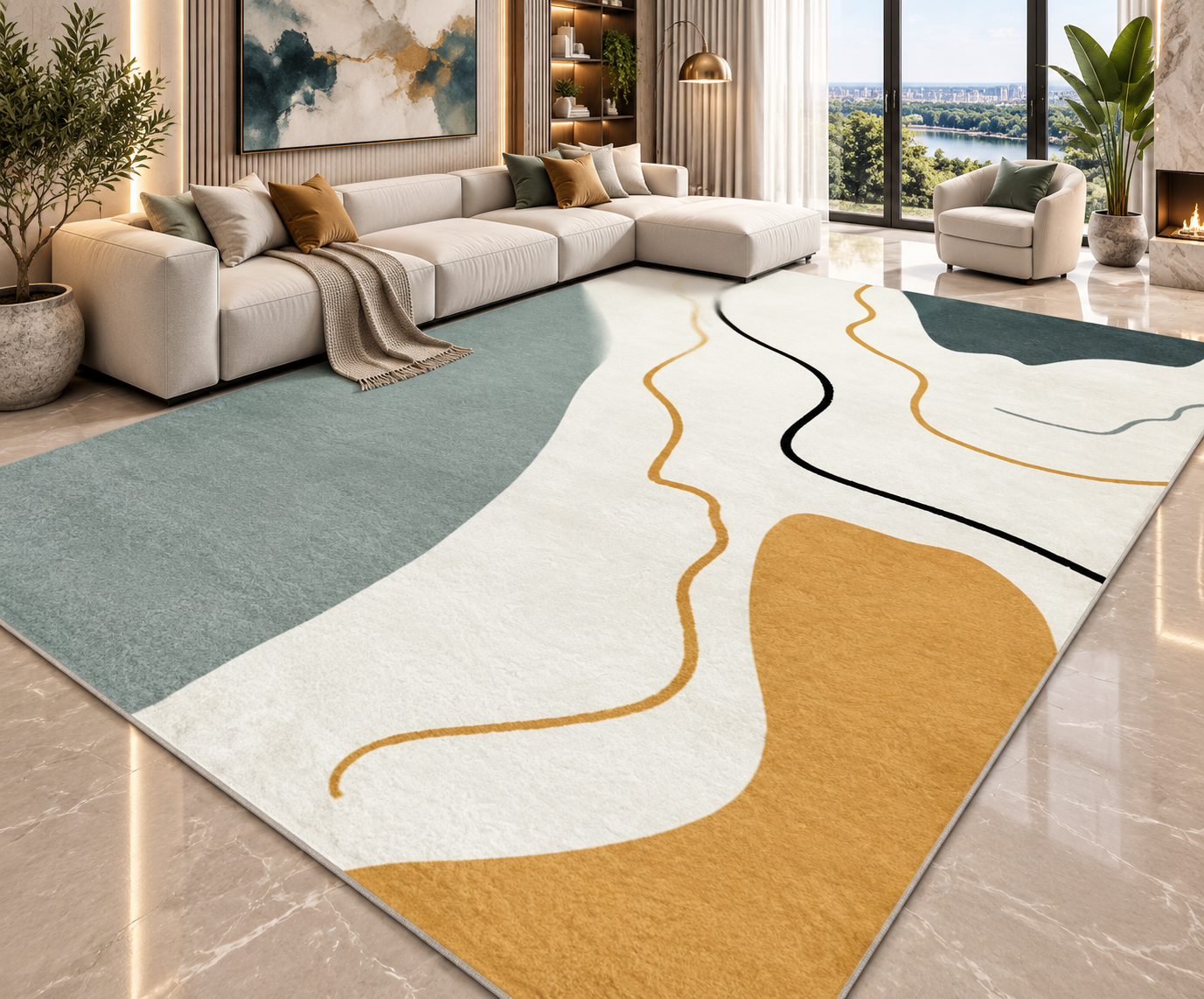 Modern Abstract Area Rug | Striped Wilton Carpet for Living Room, Bedroom & More