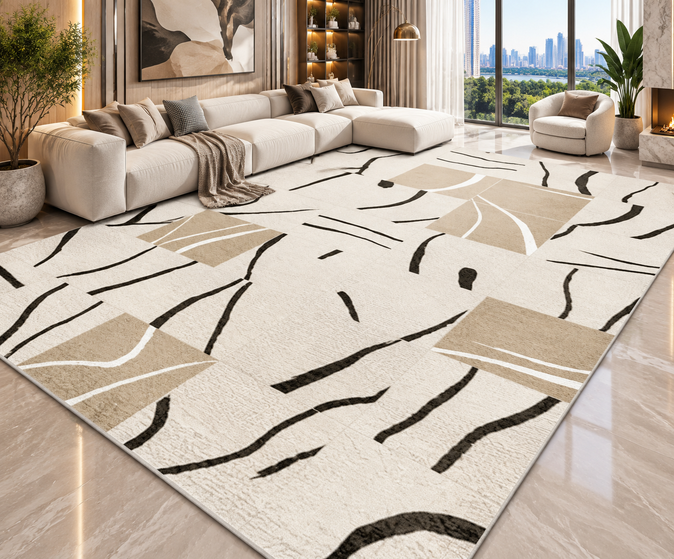 Modern Abstract Area Rug | Striped Wilton Carpet for Living Room, Bedroom & More