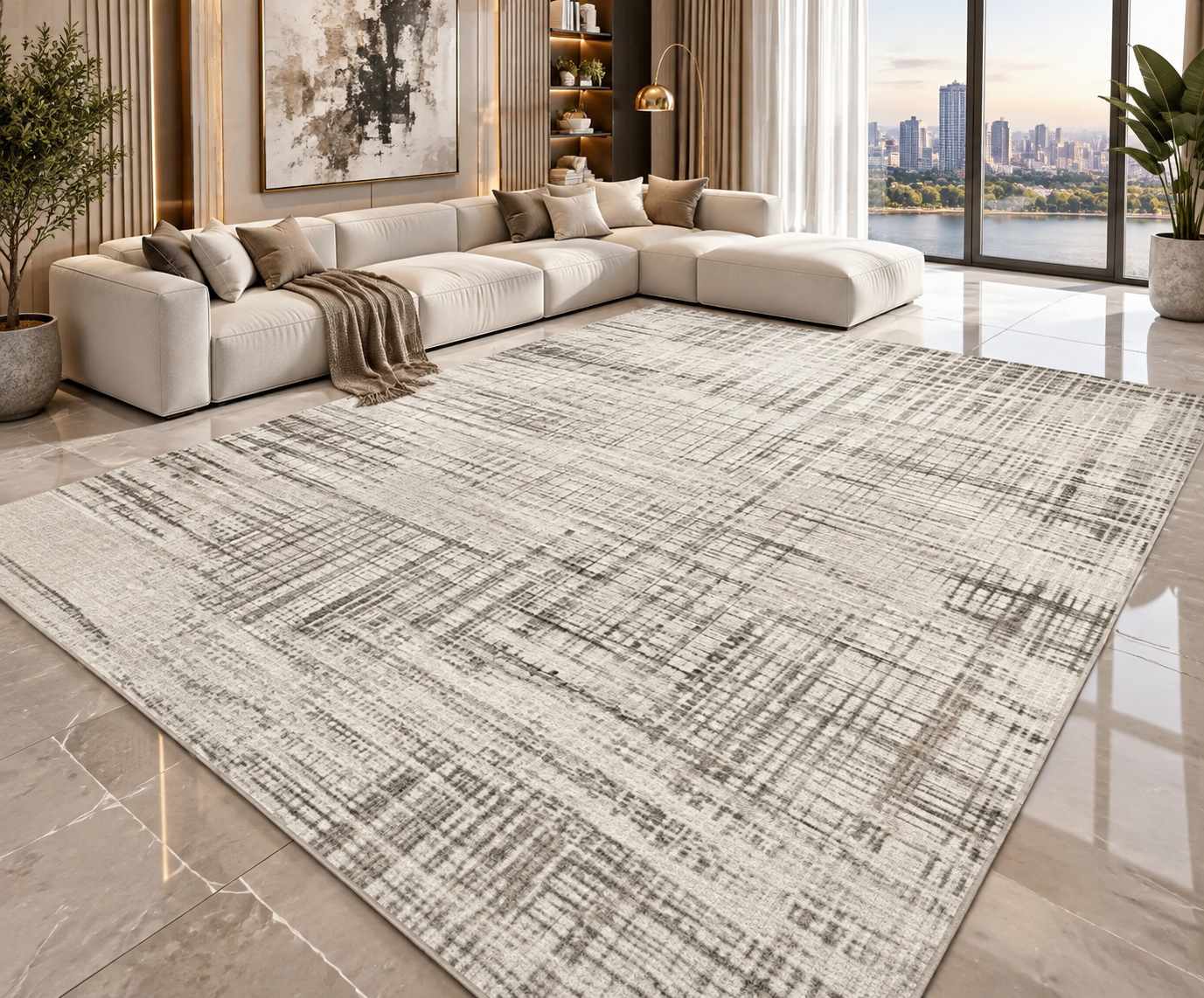 Modern Abstract Area Rug | Striped Wilton Carpet for Living Room, Bedroom & More