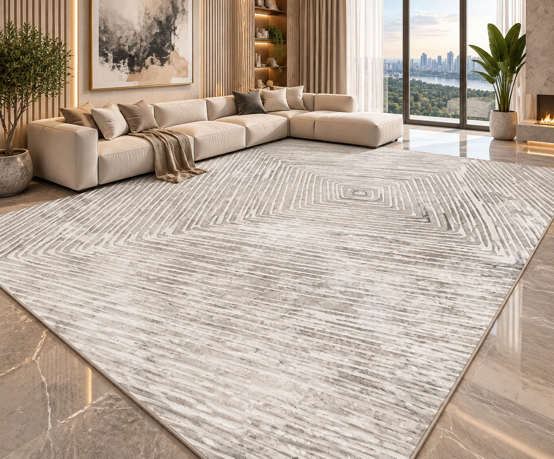 Modern Abstract Area Rug | Striped Wilton Carpet for Living Room, Bedroom & More