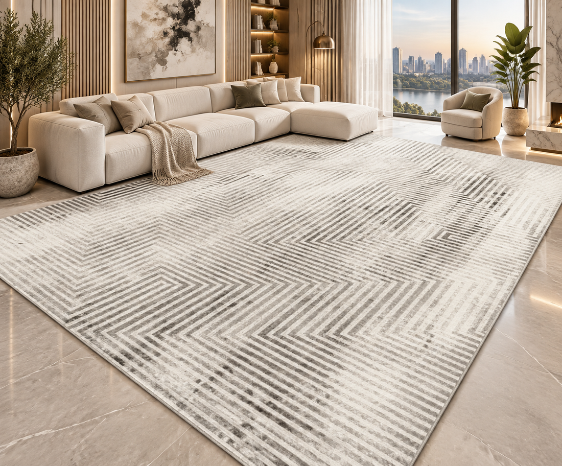 Modern Abstract Area Rug | Striped Wilton Carpet for Living Room, Bedroom & More